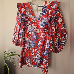 Zara Paisley Floral Ruffle V-Neck Mini Dress - Size Medium - Red/Blue/White